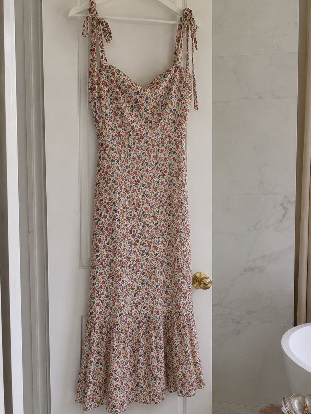 Reformation Cream Floral Midi Dress with Red & Blue Accents